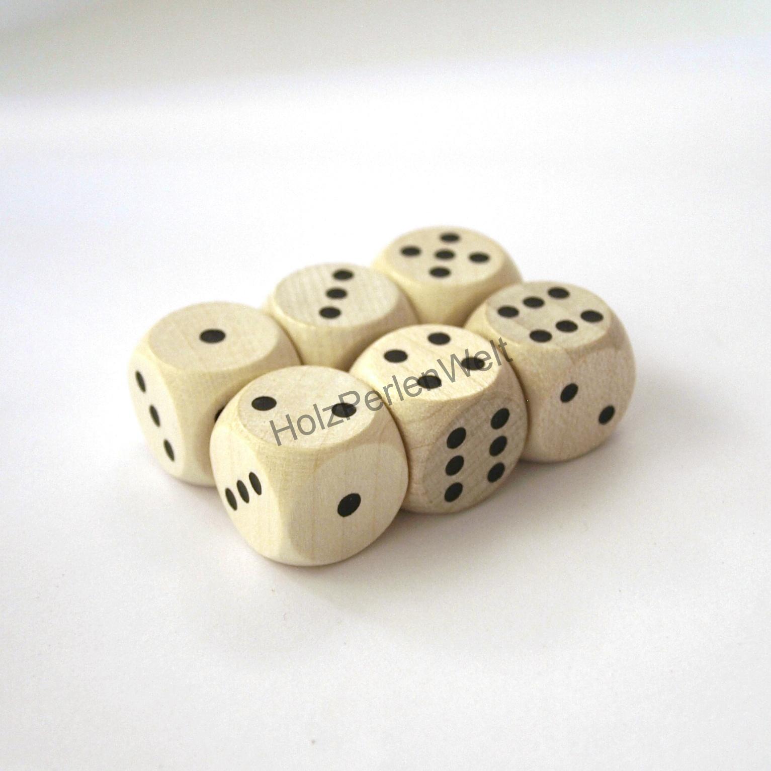 16mm Holzwürfel - Spielwürfel, NATUR mit schwarzen Punkten - Satz von 6 Stk
